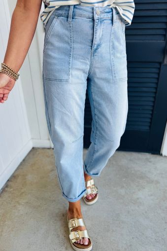 Beau Blue High Rise Barrel Relaxed Patch Pocket Jeans