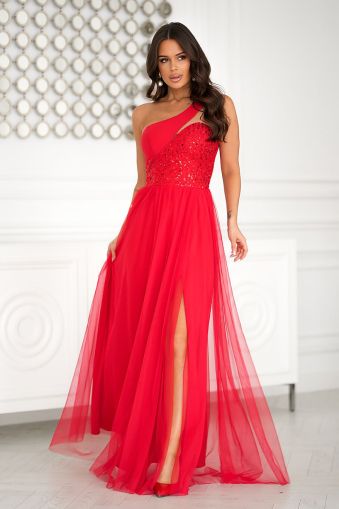 Elegant Long Red Dress with Sequins and Slit