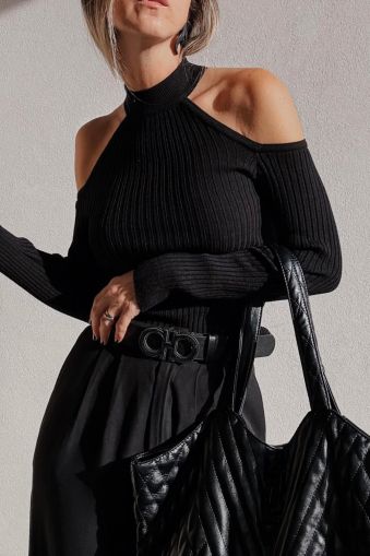 Black Ribbed Sweater with Open Shoulders