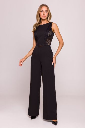 Luxury Black Jumpsuit with Lace Panels and Elegant Detail