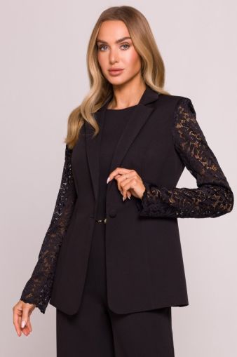Luxury Black Blazer with Lace Sleeves and Single‑Button Closure