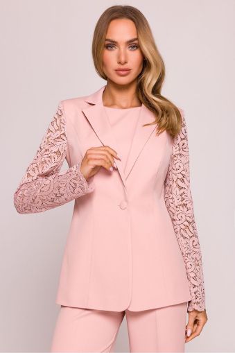 Luxury Pink Blazer with Lace Sleeves and Single‑Button Closure
