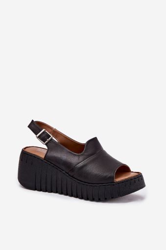 Black natural leather women’s sandals with practical black sole and comfortable platform