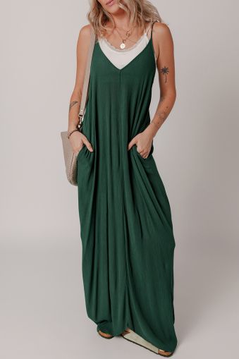 Green Spaghetti Straps Pocketed Slouchy Maxi Dress