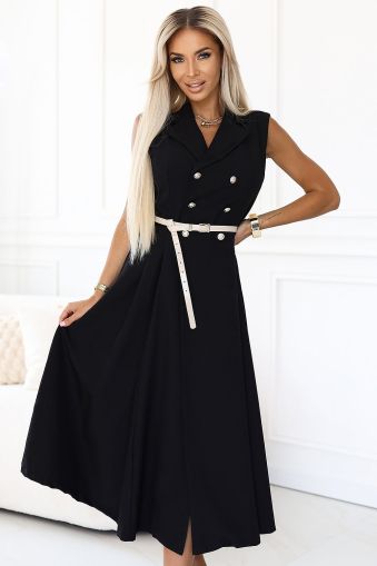 Elegant Black Midi Trench Coat Dress with Buttons and Belt