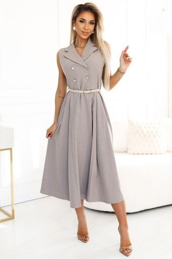 Elegant Gray Midi Trench Coat Dress with Buttons and Belt