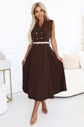 Elegant Brown Midi Trench Coat Dress with Buttons and Belt