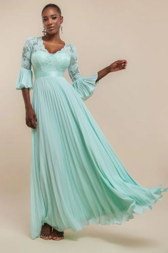 Mint Green Lace Bodice Pleated Chiffon Maxi Dress with Bell Sleeves
