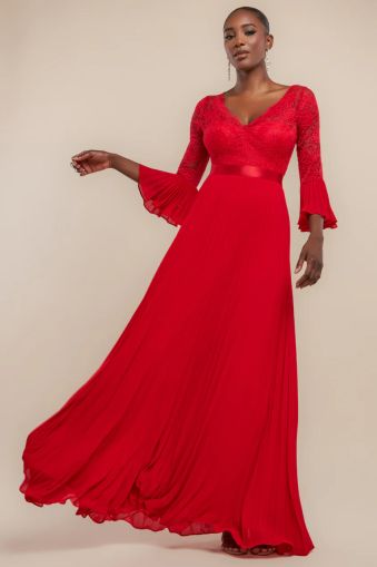 Red Lace Bodice Pleated Chiffon Maxi Dress with Bell Sleeves