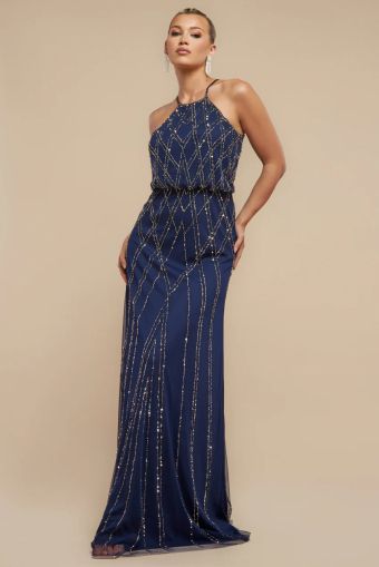 Navy Blue Sequin Racer Neck Maxi Dress