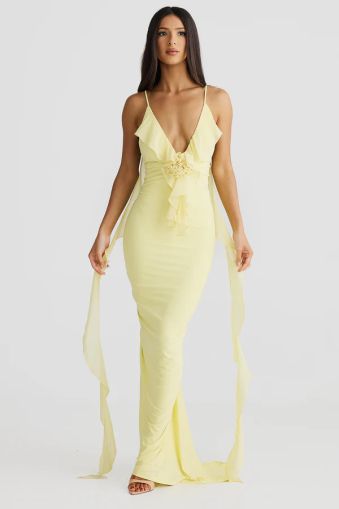 Yellow Open-Back Maxi Dress with Thin Straps and Ruffle Detail