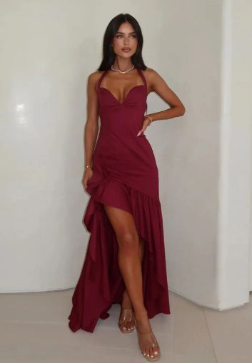 Burgundy Backless Dress with Halter Neck and Asymmetric Hem