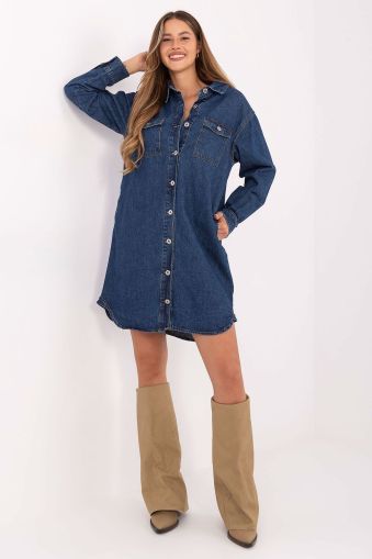 Women’s Long Sleeve Denim Dress - 100% Cotton, Dark Blue, Casual Style
