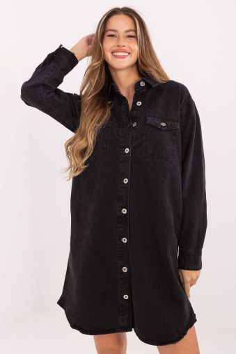 Women’s Long Sleeve Denim Dress - 100% Cotton, Black, Casual Style