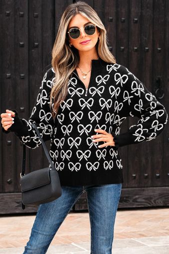 Women’s Black Sweater with Bow Pattern and Zipped Collar