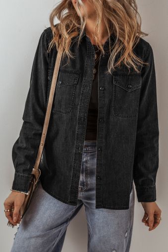 Women’s Black Denim Jacket with Pockets and Button Closure