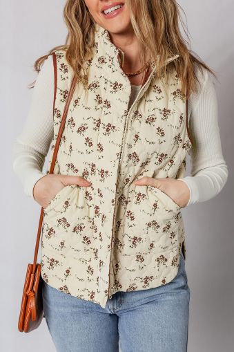 Women’s Floral Print Quilted Vest with Zipper