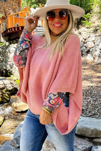 Women's Pink Ribbed Knit Poncho Sweater