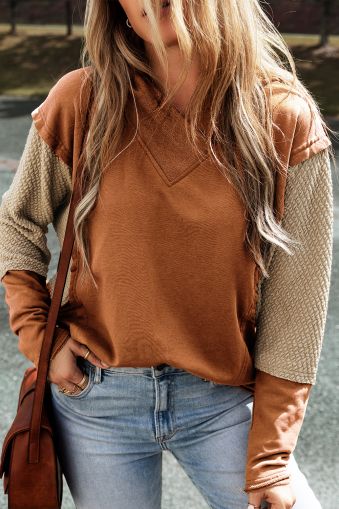 Women's Brown Hoodie with Contrast Sleeves, Patchwork Design