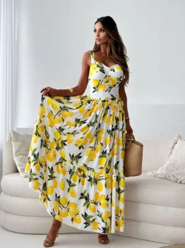 women's summer maxi dress with lemon print