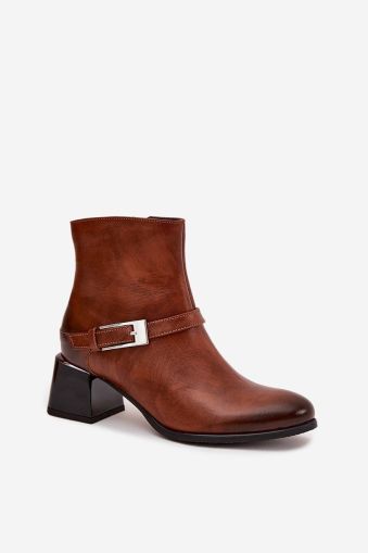 Women’s Leather Ankle Boots with a Heel and a Decorative Buckle