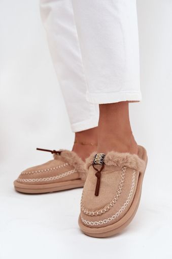 Women’s Beige Eco Suede Slippers with Fur Lining and Embroidery