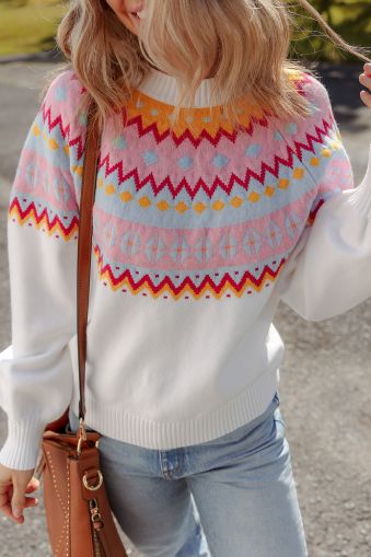 Women’s White Sweater with Colorful Geometric Pattern