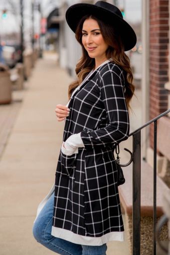 Women’s Black Plaid Colorblock Cardigan with Pockets