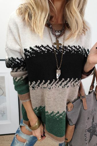 Women’s Stylish Color Block Pattern Drop Shoulder Sweater