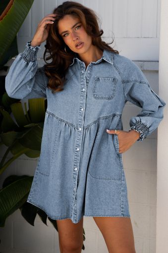 Women’s Denim Shirt Dress with Pockets and Smocked Cuffs