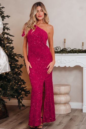 Women's Elegant One-Shoulder Sequin Gown in Fuchsia Pink