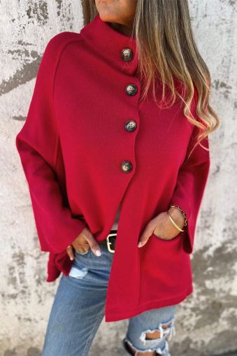Women’s Red Button-Up Cardigan Jacket with Pockets