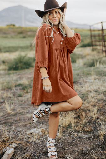 Women’s Rust Brown Corduroy Dress with Puff Sleeves and Button Detail