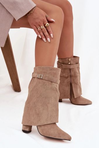 Women’s Beige Faux Suede Ankle Boots with Buckle
