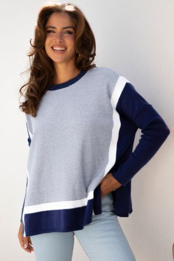 Women’s Blue Stripe Color Block Oversized Tunic Sweater