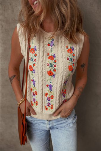 Women’s Beige Sleeveless Knitted Sweater with Floral Embroidery