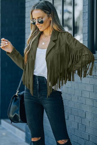 Women's Green Cropped Faux Suede Fringe Jacket