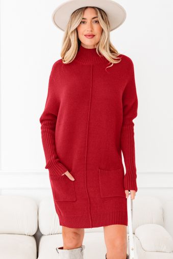 Women’s Red Sweater Dress with High Neck and Pockets