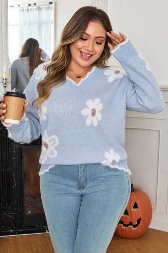 Women's Fuzzy Floral V-Neck Plus Size Sweater
