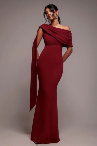 Women's Elegant Long Burgundy One-Shoulder Draped Evening Dress