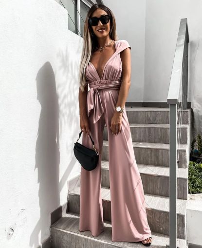 Long Powder Pink Backless Women’s Jumpsuit