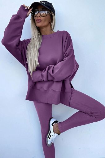 Women's Purple Two Piece Set - Oversized Top and Ribbed Leggings