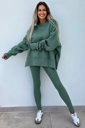 Women's Green Two Piece Set - Oversized Top and Ribbed Leggings