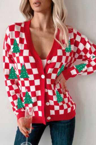 Women’s Christmas Cardigan in Red and White with Tree Pattern
