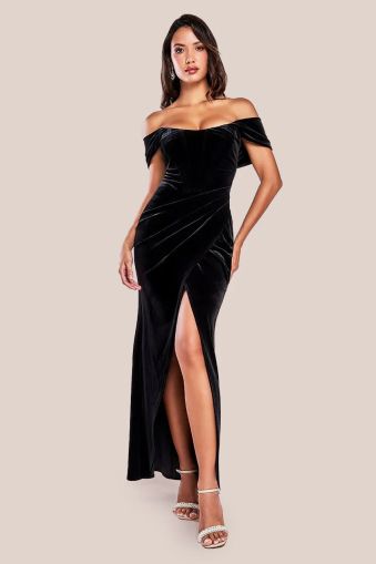 Women's Black Velvet Corset Maxi Dress with Draped Shoulders GODDIVA