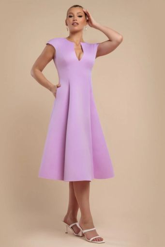 Women's Lilac Elegant Midi Dress with Cap Sleeves and A-Line Silhouette GODDIVA