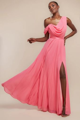 Women's Coral One-Shoulder Maxi Dress GODDIVA with Flowing Chiffon