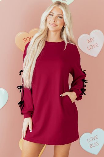 Women’s Burgundy Sweatshirt Dress with Pockets and Velvet Ribbon Sleeve Details