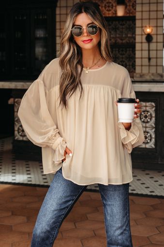 Women’s Beige Flowy Blouse with Loose Fit and Long Sleeves