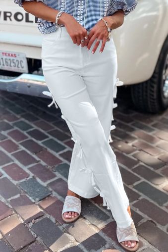 Women’s White Bow Knot Side Detail Straight Leg Loose Jeans